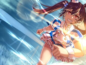 Rule 34 | 1girl, animal ears, apron, blue sky, blush, bow, breasts, brown hair, choker, commentary request, dress, fang, hair between eyes, hat, hishi akebono (buono alla moda) (umamusume), hishi akebono (umamusume), horse ears, horse girl, large breasts, long hair, mini hat, open mouth, peeta, puffy sleeves, red eyes, running, short sleeves, skirt, sky, solo, striped clothes, striped dress, sweat, teeth, textless version, twintails, umamusume, upper teeth only, white bow, white choker, white wrist cuffs, wrist cuffs