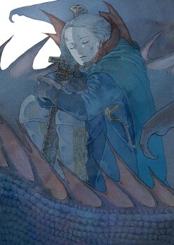 Rule 34 | 1other, absurdres, ajitsuke nori, ankle boots, blue cape, blue tunic, boots, cape, closed eyes, closed mouth, commentary request, dagger, dragon, gloves, grey gloves, grey hair, highres, hugging object, knife, long sleeves, medium hair, original, scales, sleeping, solo, sword, tunic, weapon