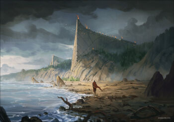 1boy building cape castle cliff cloud cloudy_sky commentary english_commentary from_behind jjcanvas landscape lighthouse ocean original painterly pine_tree plant_roots red_cape rock scenery shore sky standing torch tree watermark waves web_address