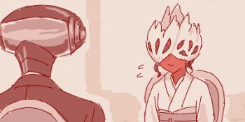 1boy 1girl alternate_costume android android_(blue_archive) beatrice_(blue_archive) black_sclera blue_archive closed_mouth colored_sclera colored_skin extra_eyes facing_away flying_sweatdrops japanese_clothes kimono light_blush looking_at_another lowres maibotsumou monochrome obi obiage oekaki red_eyes red_skin red_theme sash short_hair sidelocks smile upper_body