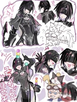 10h_(nier_reincarnation) 10h_(nier_reincarnation)_(cosplay) 1girl 2boys ? animal animal_on_head aviator_goggles black_capelet black_dress black_gloves black_hair blindfold blue_eyes breasts cait_sith_(final_fantasy) capelet cat cat_on_head chibi chibi_inset cid_highwind cosplay dress final_fantasy final_fantasy_vii final_fantasy_vii:_ever_crisis furrowed_brow gloves goggles goggles_on_head grin hair_between_eyes headband highres holding holding_megaphone kv9g7 long_dress long_hair materia megaphone multiple_boys multiple_views nier_(series) nier_reincarnation nose_bubble official_alternate_costume on_head open_mouth pelvic_curtain red_headband short_hair sketch small_breasts smile smoking sweat teeth vincent_valentine yuffie_kisaragi
