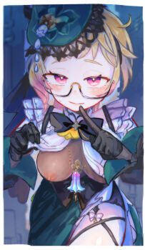 1girl bikkurisasame black-framed_eyewear black_bow black_bowtie black_gloves black_hairband blonde_hair blurry blurry_background blush border bow bowtie breast_curtain_lift breast_curtains breasts brown_leotard closed_mouth clothes_lift colored_tips commentary_request corset cowboy_shot cowlick emilie_(genshin_impact) fascinator finger_to_mouth flashing genshin_impact glasses gloves green_hat hairband hat highres index_finger_raised jewelry leaning_forward leotard leotard_under_clothes lifting_own_clothes long_sleeves looking_at_viewer medium_breasts multicolored_hair nipples no_bra pantyhose pendant pink_eyes pink_hair see-through_clothes see-through_leotard semi-rimless_eyewear short_hair skirt smile solo straight-on sweat tilted_headwear two-tone_hair under-rim_eyewear white_border white_pantyhose