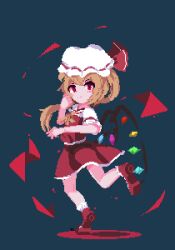 Rule 34 | 1girl, ascot, blonde hair, crystal wings, dress, flandre scarlet, full body, hat, mary janes, miuu 000, mob cap, pixel art, red dress, red eyes, red ribbon, ribbon, shoes, side ponytail, simple background, smile, solo, touhou, yellow ascot