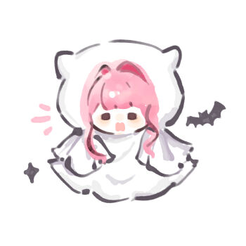 Rule 34 | 1girl, animal, bat (animal), blunt bangs, brown eyes, chibi, chinese commentary, commentary request, fengmi youzi hua, ghost costume, hair intakes, highres, infinity nikki, light blush, nikki (nikki), nikki (series), notice lines, open mouth, pink hair, short hair with long locks, sidelocks, simple background, solid oval eyes, solo, sparkle, straight-on, wavy hair, white background