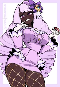 1girl absurdres alternate_breast_size_(larger) breasts cowboy_shot curvy dark-skinned_female dark_skin dress fascinator fishnet_pantyhose fishnets gloves gold grin hand_to_own_mouth hands_up highres holding holding_poke_ball jacinthe_(pokemon) juliet_sleeves large_breasts long_hair long_sleeves looking_at_viewer low_drills mega_stone nintendo pantyhose pencil_dress poke_ball poke_ball_(basic) pokemon pokemon_legends:_z-a puffy_sleeves purple_dress purple_eyes purple_hair scrimblocrimbo short_dress smile solo thighs very_dark_skin very_long_hair white_gloves wide_hips
