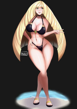 Rule 34 | 1girl, absurdres, angelox27, artist name, bikini, black bikini, blonde hair, breasts, closed mouth, commentary, english commentary, full body, green eyes, hand on own hip, highres, large breasts, long hair, lusamine (pokemon), navel, nintendo, pokemon, pokemon sm, smile, solo, swimsuit, v