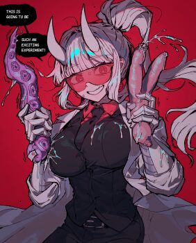1girl belt belt_buckle black_belt black_skirt black_vest breasts buckle coat demon_girl demon_horns english_text goggles grey_hair helltaker highres holding horns lab_coat large_breasts long_hair looking_at_viewer loremaster_(helltaker) paulandcookie ponytail red-tinted_eyewear red_background red_eyes red_shirt sexually_suggestive shirt simple_background skirt smile solo suggestive_fluid tinted_eyewear vest white_coat white_horns