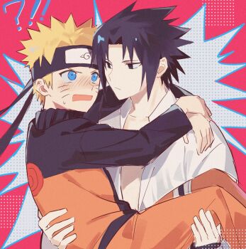 !? 2boys black_hair blonde_hair blush carrying closed_mouth embarrassed facial_mark forehead_protector hashtag-only_commentary highres jumpsuit konohagakure_symbol male_focus multiple_boys naruto_(series) open_mouth orange_jumpsuit polka_dot princess_carry sevenlistening short_hair spiked_hair uchiha_sasuke uzumaki_naruto whisker_markings yaoi