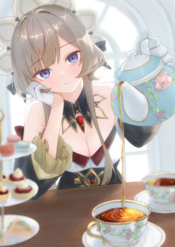 Rule 34 | 1girl, absurdres, arm up, blue eyes, blurry, blurry foreground, breasts, cleavage, closed mouth, commentary request, cup, detached collar, detached sleeves, dress, drink, elbow rest, food, genshin impact, gloves, grey hair, half gloves, hand on own cheek, hand on own face, hand up, head rest, head tilt, headdress, highres, holding, holding teapot, light smile, looking at viewer, medium breasts, parted bangs, pouring, runyo (yale12312), sandrone (genshin impact), saucer, solo, straight-on, tea, teacup, teapot, upper body, white gloves, white headdress