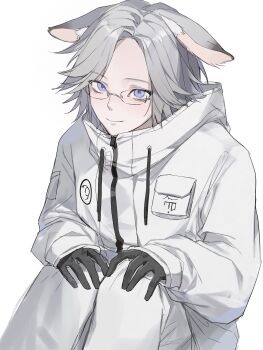 1boy animal_ear_fluff animal_ears aotsuki_eito black_gloves blue_eyes chinese_commentary closed_mouth commentary_request drawstring glasses gloves grey_hair hands_on_own_knees high_collar highres hood hood_down hooded_jacket jacket kemonomimi_mode lethe_(jiaodidezheshelu) long_sleeves lop_rabbit_ears male_focus pants pocket rabbit_ears sanpaku short_hair simple_background sitting sleeves_past_wrists smile solo the_hundred_line_-last_defense_academy- variant_set white_background white_jacket white_pants
