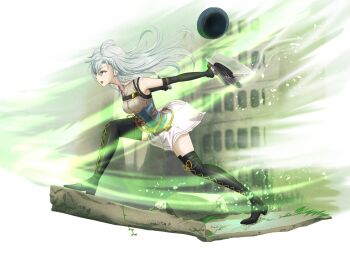 Rule 34 | 1girl, absurdres, belt pouch, beret, boots, breasts, commentary request, curtained hair, double-parted bangs, dual wielding, eiyuu densetsu, fie claussell, green eyes, gun, gunblade, hat, high heel boots, high heels, highres, holding, holding gun, holding weapon, kuro no kiseki (series), long hair, open mouth, parted bangs, pouch, sen no kiseki (series), simple background, skirt, small breasts, weapon, white hair, white skirt, witch f