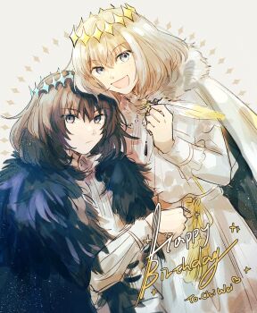 2boys :d black_cape black_hair blue_hairband cape diamond_hairband dual_persona empty_eyes fate/grand_order fate_(series) fur-trimmed_cape fur_trim grey_eyes grey_hair hairband happy_birthday long_sleeves looking_at_viewer male_focus medium_hair multiple_boys oberon_(fate) oberon_(second_ascension)_(fate) oberon_(third_ascension)_(fate) open_mouth orizu_lm quill robe shirt smile white_cape white_robe white_shirt yellow_hairband