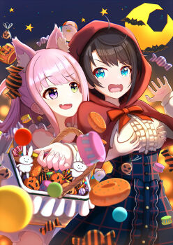 2girls absurdres angry animal_ear_fluff animal_ears banana_de_ikopon basket bat_(animal) blue_eyes blue_skirt blurry blurry_background blurry_foreground blush bokeh bow bowtie breasts brown_hair candy candy_hair_ornament capelet center_frills commentary_request cowboy_shot crescent_moon depth_of_field donut embarrassed eye_contact fang fingernails food food-themed_hair_ornament frilled_shirt frills glomp grabbing_another&#039;s_breast grabbing_from_behind green_eyes groping hair_ornament hair_rings halloween halloween_costume head_on_another&#039;s_shoulder heterochromia high-waist_skirt highres himemori_luna holding holding_basket hololive hood hood_up hooded_capelet hug jack-o&#039;-lantern jack-o&#039;-lantern_hair_ornament little_red_hood long_hair long_sleeves looking_at_another medium_breasts moon multiple_girls night night_sky oozora_subaru oozora_subaru_(casual) open_mouth pink_hair plaid_clothes plaid_skirt purple_eyes red_bow red_bowtie red_capelet shirt short_hair side_up_ring single_hair_ring skin_fang skirt sky subaru_duck swept_bangs tearing_up v-shaped_eyebrows virtual_youtuber wavy_mouth white_shirt wolf_ears
