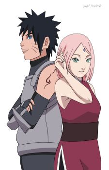 1boy 1girl black_hair blue_eyes green_eyes haruno_sakura naruto:_road_to_ninja naruto_(classic) naruto_(series) naruto_shippuuden pink_hair simple_background uzumaki_naruto white_background