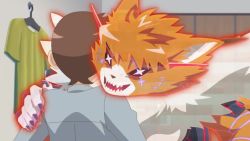 1boy 1girl animal_ears animated anime_screenshot armor aura bed bedroom cat cat_ears cat_girl cat_tail claws crazy_eyes crazy_smile curvy digimon digimon_ghost_game english_text fangs fukatsu_riko fur_collar furry furry_female glowing_markings hetero highres hug looking_at_another looking_at_viewer meicrackmon_vicious_mode red_eyes scared sharp_nails sharp_teeth shota smile subtitled tail teeth transformation video wide_hips