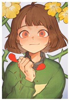 1other ahoge black_shirt blood blood_on_hands blunt_bangs blush border broken_heart brown_hair buttons chara_(undertale) clenched_hand closed_mouth collared_shirt crsrsrsrsrs floral_background flower green_sweater grey_background hand_up hashtag-only_commentary heart highres long_sleeves looking_at_viewer other_focus puffy_long_sleeves puffy_sleeves red_eyes shirt short_hair single_stripe smile solo striped_clothes striped_sweater sweater thorns undertale utdr_(toby_fox) white_border yellow_flower