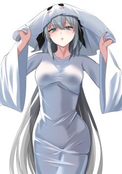 1girl absurdres blue_eyes fate/grand_order fate_(series) hair_between_eyes highres long_hair looking_at_viewer morgan_le_fay_(fate) nigori_(keydoor) ponytail simple_background solo standing very_long_hair white_background white_hair