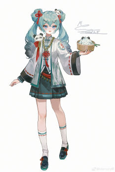 1girl absurdres ankle_socks aqua_eyes aqua_skirt bamboo_steamer bead_necklace beads black_shoes blue_eyes bow character-themed_food chinese_clothes collared_shirt dated dot_nose double_bun drill_hair eyelashes flower_knot footwear_ribbon full_body hair_bun hair_ornament hair_ribbon hairclip happy hatsune_miku highres holding_bamboo_steamer indoors jacket jewelry knees layered_sleeves light_blush long_hair long_sleeves looking_at_viewer memory_mie necklace open_clothes open_jacket open_mouth panda_hair_ornament pleated_skirt red_bow red_ribbon ribbon ribbon-trimmed_sleeves ribbon-trimmed_socks ribbon_trim shirt shoes signature simple_background skirt smile socks solo standing tassel tassel_hair_ornament teeth twin_drills twintails upper_teeth_only vocaloid watermark weibo_watermark white_background white_jacket white_shirt white_socks wide_sleeves x_hair_ornament