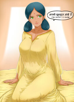 1girl arm_support bindi black_hair breasts commentary_request dark-skinned_female dark_skin double_bun dress facing_viewer green_eyes gundam hair_bun highres hindi_text indian lalah_sune medium_breasts mobile_suit_gundam remon_keiki short_hair smile solo speech_bubble tan translated yellow_dress