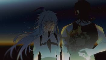 2boys :d ahoge arm_at_side arm_behind_back arms_at_sides backlighting bishounen black_hair black_necktie black_pants black_sky black_vest blue_eyes blurry bouquet chinese_commentary chromatic_aberration collared_shirt commentary_request crossed_bangs depth_of_field double-parted_bangs face-to-face flipped_hair flower from_behind gatling_pea_(plants_vs._zombies) gradient_hair grin hair_between_eyes highres holding holding_bouquet huge_ahoge long_hair long_sidelocks looking_at_another medium_hair multicolored_hair multiple_boys necktie night no_pupils open_mouth outdoors pants personification plants_vs._zombies plants_vs._zombies_2 purple_hair shadow_peashooter_(plants_vs._zombies) shirt short_sleeves sidelocks siiiiiiiiiii sky smile two-tone_hair upper_body very_long_hair vest white_flower white_hair white_shirt wind yaoi