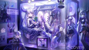 6+girls :d ;d absurdres ahoge alternate_costume ankle_cuffs arm_strap black_boots black_coat black_horns black_jacket black_leotard black_shirt black_skirt boots braid braided_bangs buttons cleavage_cutout clothing_cutout coat coat_dress collar collared_shirt commentary_request computer computer_tower copyright_notice cropped_jacket cropped_shirt crt demon_horns double-breasted double-parted_bangs dress flame_print gloves grey_hair hand_up headphones highres holding hololive horns ikuta41 jacket kneehighs knees_together_feet_apart knees_up la+_darknesss lace-up_boots leg_warmers leotard leotard_under_clothes loafers long_hair long_sleeves looking_at_viewer lying metal_collar miniskirt monitor multicolored_hair multiple_girls multiple_persona neckerchief necktie official_alternate_costume official_alternate_hair_length official_alternate_hairstyle official_art on_back one_eye_closed open_mouth panties panty_peek pantyhose parted_lips platform_shoes playboy_bunny pleated_skirt pointy_ears purple_gloves purple_hair purple_neckerchief purple_necktie purple_pantyhose purple_sailor_collar purple_socks sailor_collar school_uniform serafuku shirt shoes short_hair short_shorts shorts side_slit single_kneehigh single_leg_pantyhose single_sock sitting skirt sleeveless sleeveless_shirt sleeves_past_fingers sleeves_past_wrists slit_pupils smile sneakers socks strapless strapless_leotard streaked_hair striped_horns tail thigh_boots two_side_up underwear v very_long_hair virtual_youtuber white_jacket white_leg_warmers white_shirt white_shoes white_socks wide_sleeves yellow_eyes