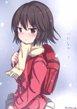 1girl absurdres backpack bag blush boku_dake_ga_inai_machi brown_eyes brown_hair coat commentary_request ezoshika grey_background grey_skirt highres hinazuki_kayo outdoors parted_lips pleated_skirt randoseru red_coat scarf short_hair skirt snowing solo translation_request winter winter_clothes