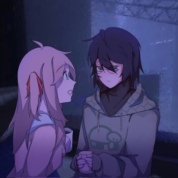 1boy 1girl :d ahoge black_shirt blue_eyes blue_sailor_collar brown_hair cityscape closed_mouth coffee coffee_mug commentary complex1860699 cup drawstring english_commentary glasses green_eyes green_hoodie hair_between_eyes hair_ribbon hexagon_print highres holding holding_cup hood hoodie indoors long_hair long_sleeves messy_hair mug neuro-sama open_mouth rain raised_eyebrows red_ribbon ribbon sailor_collar shirt short_hair sidelocks sideways_mouth smile tearing_up turtle turtleneck two_side_up vedal987 vedal_ai window