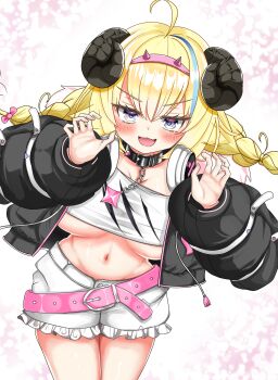 1girl absurdres alternate_costume alternate_hairstyle animal_ears black_jacket blonde_hair blue_eyes blue_hair braid breasts claw_pose cosplay cropped_jacket cropped_shirt fang headphones headphones_around_neck highres hololive hololive_english horns inokeiwd jacket large_breasts looking_at_viewer mococo_abyssgard mococo_abyssgard_(1st_costume) mococo_abyssgard_(cosplay) multicolored_hair navel open_mouth sheep_ears sheep_girl sheep_horns shirt shorts skin_fang smile solo streaked_hair tsunomaki_watame twin_braids underboob virtual_youtuber watermark web_address white_shirt white_shorts