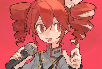 1girl commentary_request drill_hair hair_ribbon highres holding holding_microphone kasane_teto kasane_teto_(sv) long_sleeves looking_to_the_side microphone nail_polish ni_(nimame629) open_mouth portrait red_background red_eyes red_hair ribbon sample_watermark smile solo synthesizer_v twin_drills twirling_hair utau watermark