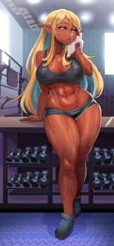 1girl absurdres blonde_hair breasts dark-skinned_female dark_elf dark_skin dumbells elf gym highres large_breasts lights multicolored_hair navel pointy_ears public_indecency shoes shybred sweatdrop thick_thighs thighs towel