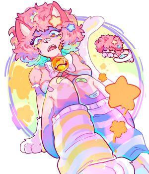 1girl absurdres animal_ears animal_feet animal_hands artist_self-insert bell blue_eyes bow breasts cat_ears cat_girl cat_tail chibi chibi_inset commentary english_commentary highres jingle_bell leg_warmers looking_at_viewer medium_breasts original perspective pink_hair short_hair sitting sleeping solo spybblez spybblez_(character) star-shaped_pupils star_(symbol) symbol-shaped_pupils tail