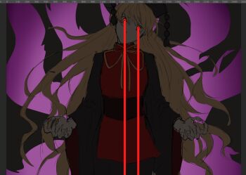 Rule 34 | 1girl, art program in frame, black dress, black hat, blonde hair, chinese clothes, dalachi (headdress), dress, elvencliff, energy tail, fox tail, glowing, glowing eyes, hat, junko (touhou), long hair, long sleeves, looking at viewer, multiple tails, neck ribbon, red eyes, red tabard, ribbon, solo, tabard, tail, touhou, unfinished, very long hair, wide sleeves, yellow ribbon