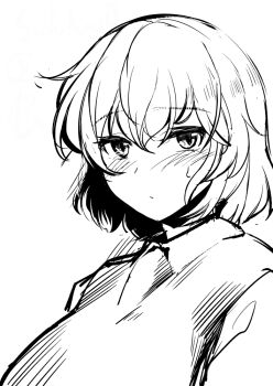 1girl blush closed_mouth collared_shirt commentary_request expressionless greyscale kazami_yuuka looking_at_viewer monochrome sadahiro_(chicken_nugget_gyuuniku_aji) shirt short_hair simple_background sketch solo touhou upper_body