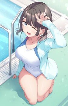 aqua_jacket barefoot black_hair blue_eyes breasts collarbone commentary_request feet hair_ornament hairclip highres jacket kneeling large_breasts long_sleeves looking_at_viewer one-piece_swimsuit one_eye_closed open_mouth original pool_ladder poolside sidelocks smile swimsuit teeth thighs toes upper_teeth_only wet white_one-piece_swimsuit wing_(aiastor)