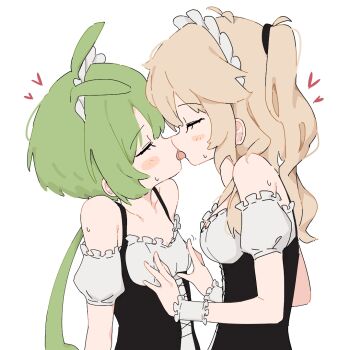 2girls bare_shoulders black_corset blonde_hair blush breasts closed_eyes commentary_request corset french_kiss giryu grabbing_another&#039;s_breast green_hair groping heart kasukabe_tsumugi kiss long_hair medium_breasts multiple_girls nipple_stimulation off-shoulder_shirt off_shoulder shirt simple_background small_breasts sweatdrop tongue tongue_out twintails upper_body voicevox white_background white_shirt wrist_cuffs yuri zundamon