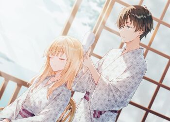 Rule 34 | 1boy, 1girl, aqua eyes, asa no ha (pattern), asamura yuuta, ayase saki, bath yukata, blonde hair, brother and sister, brown hair, chair, closed eyes, closed mouth, commentary request, drying, drying another's hair, drying hair, dutch angle, gimai seikatsu, hand in another's hair, highres, hiten (hitenkei), holding another's hair, japanese clothes, kimono, light rays, long hair, official art, second-party source, short hair, siblings, sitting, standing, step-siblings, yukata