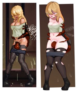 1girl 1other arms_behind_back bad_end bare_shoulders bestiality black_footwear black_shorts black_thighhighs blonde_hair blush boots breasts bug censored censored_with_cum character_request cleavage closed_eyes clothes_pull crop_top cum cum_in_pussy derivative_work egg_implantation egg_laying fly full_body game_screenshot_inset grabbing_from_behind green_shirt highres impregnation insect insect_wings legs long_hair medium_breasts monster motion_blur navel no_bra no_panties object_insertion open_mouth oversized_bug ovipositor parasite_in_city pewpewsalote photo-referenced pixel_art rape reference_inset restrained sex shirt short_sleeves shorts shorts_pull standing tentacle_sex tentacles thighhighs thighs torn_clothes torn_thighhighs torso_grab vaginal vaginal_object_insertion wings