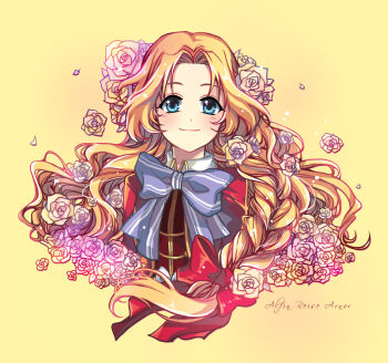 1girl alfin_reise_arnor aqua_eyes bad_id bad_pixiv_id blonde_hair blue_eyes bow bowtie braid character_name closed_mouth eiyuu_densetsu falcom female_focus flower hair_bow hair_flower hair_ornament highres kkaiju long_hair looking_at_viewer parted_bangs pink_flower pink_rose red_bow rose sen_no_kiseki_(series) sen_no_kiseki_i single_braid smile solo very_long_hair yellow_background