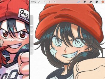 Rule 34 | bandaid, bandaid on cheek, bandaid on face, beanie, biting, biting glove, black hair, clenched hand, enpera, fighting stance, gloves, hat, highres, izumo fuuko, kurrrto, long hair, multicolored shirt, photo-referenced, portrait, red eyes, red gloves, scarf, smile, two-tone shirt, undead unluck