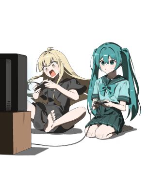 2girls barefoot blonde_hair blue_eyes blue_hair bow bowtie cho_kaguya-hime! commentary constricted_pupils controller crossover game_controller hatsune_miku highres holding holding_controller jjeogi38 kaguya_(cho_kaguya-hime!) long_hair multiple_girls open_mouth playing_games playing_video_games pleated_skirt rectangular_mouth school_uniform seiza serafuku shirt short_sleeves shorts shouting sitting skirt socks sweat symbol-only_commentary t-shirt television twintails vocaloid yellow_eyes
