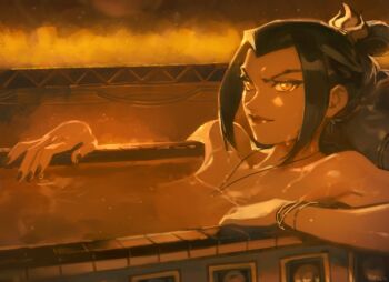 1girl avatar:_the_last_airbender avatar_legends azula bath bathing bathtub black_hair black_nails bracelet breasts covered_erect_nipples crown_hair_ornament dripping hair_bun hair_ornament highres jewelry lipstick looking_at_viewer makeup medium_breasts necklace nipples nude optionaltypo red_lips single_hair_bun steam topknot wet