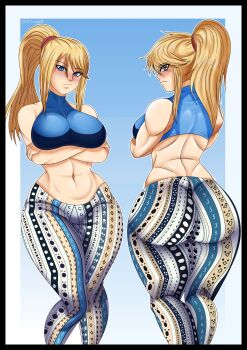1girl abs absurdres artist_name ass blonde_hair blue_eyes breasts commentary crop_top crossed_arms eltronnyxd english_commentary forbidden_pants from_behind highres large_breasts long_hair looking_at_viewer looking_back metroid muscular muscular_female navel nintendo ponytail samus_aran simple_background solo turtleneck