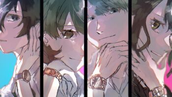 2boys 2girls black_ribbon black_sailor_collar blue_background blue_hair brown_eyes brown_hair close-up closed_mouth commentary_request earrings gekkoukan_high_school_uniform grey_eyes grey_hair hair_between_eyes hand_on_own_chin head_rest highres jewelry kujikawa_rise light_smile long_hair looking_at_viewer miramintkurun multiple_boys multiple_girls narukami_yu neck_ribbon parted_lips persona persona_3 persona_4 pink_background ribbon sailor_collar school_uniform shirt short_hair stud_earrings takeba_yukari upper_body watch white_shirt wristwatch yasogami_school_uniform yuuki_makoto_(persona_3)