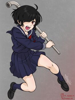 absurdres bad_source black_hair dress highres holding holding_weapon red_eyes sailor_dress school_uniform shimizu_hinako silent_hill_(series) silent_hill_f weapon