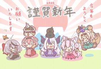 Rule 34 | > <, 2022, 5girls, :d, :t, ;), animal, animal on head, antenna hair, bird, black hair, black hakama, blush stickers, bowl, braid, braided bangs, brown hair, chibi, chopsticks, closed eyes, closed mouth, colored shadow, commentary request, crossed arms, crow (la+ darknesss), crown braid, demon horns, double bun, eating, eggplant, facepaint, fang, feathered wings, food, ganmo (takane lui), green hakama, green kimono, grey hair, grey kimono, hagoita, hair bun, hakama, hakui koyori, hane (hanetsuki), hanetsuki, hatsuyume, head wings, highres, holding, holding bowl, holding chopsticks, hololive, holox, horns, japanese clothes, kazama iroha, kimono, kite, kite flying, la+ darknesss, long hair, long sleeves, mitarashi neko, mochi, mount fuji, multicolored hair, multiple girls, on head, one eye closed, open mouth, paddle, pink hair, pink hakama, pink kimono, pink wings, pokobee, polka dot, polka dot background, ponytail, purple hair, purple hakama, purple kimono, red hakama, sakamata chloe, shadow, sitting, smile, streaked hair, sunburst, sunburst background, takane lui, translation request, tsukune (takane lui), tsumire (takane lui), very long hair, virtual youtuber, wide sleeves, wings, xd, zouni soup, | |