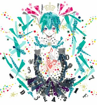 1girl abstract absurdres aqua_hair aqua_ribbon bare_shoulders beamed_sixteenth_notes black_skirt black_sleeves breasts brooch cable closed_mouth collared_shirt commentary cropped_legs crown detached_sleeves eighth_note hair_between_eyes hair_ribbon hands_up hatsune_miku headphones headset heart highres holding holding_cable jewelry looking_at_viewer masking_tape_(medium) multicolored_eyes musical_note musical_staff neck_ribbon open_hand pink_eyes pink_ribbon poncho_(ponpontyo_8) purple_eyes ribbon shirt sidelocks skirt sleeveless sleeveless_shirt small_breasts solo star_(symbol) straight-on twintails two-tone_eyes unconventional_media vocaloid white_shirt