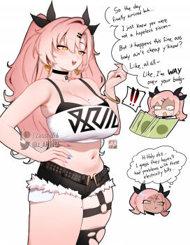 1girl black_bra black_ribbon black_shorts black_thighhighs blush bra breasts choker cleavage earrings english_text green_eyes hair_ornament hair_ribbon hairclip highres jewelry large_breasts long_hair money navel nicole_demara pink_hair ribbon short_shorts shorts single_thighhigh speech_bubble strapless thick_thighs thighhighs thighs thought_bubble tube_top two_side_up underwear white_tube_top zasshu zenless_zone_zero