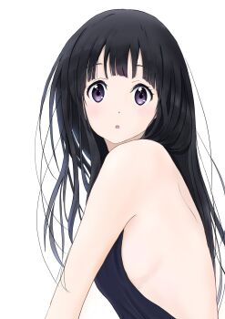 Rule 34 | 1girl, bare arms, bare shoulders, black hair, blunt bangs, blush, breasts, chitanda eru, dress, hair between eyes, highres, hyouka, kxltl, kyoto animation, long hair, looking at viewer, open mouth, purple eyes, simple background, solo, white background