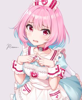 1girl ahoge apron armband bad_id bad_pixiv_id blue_dress blue_hair blush breasts character_name choker collarbone commentary_request cursive dress fang female_focus frilled_dress frills grey_background hair_intakes hat head_tilt heart heart_print idolmaster idolmaster_cinderella_girls looking_at_viewer medium_breasts multicolored_hair nurse_cap open_mouth pink_choker pink_eyes pink_hair revision short_hair simple_background solo standing twiddling_fingers two-tone_hair upper_body wavy_mouth white_apron wrist_cuffs yumemi_riamu yuuhi_(ages)