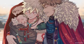1girl 2boys arm_around_shoulder arm_tattoo baby bakugou_katsuki bakugou_masaru bakugou_mitsuki bead_necklace beads beard_stubble blonde_hair boku_no_hero_academia carrying carrying_baby carrying_person cloak closed_eyes closed_mouth facial_hair family father_and_son fur-trimmed_cloak fur_trim hair_between_eyes highres husband_and_wife jewelry light_blush mikan_(artist) mother_and_son multiple_boys mustache necklace outdoors parent_and_child parted_lips red_cloak red_eyes short_sleeves smile spiked_hair stubble tattoo twitter_username upper_body